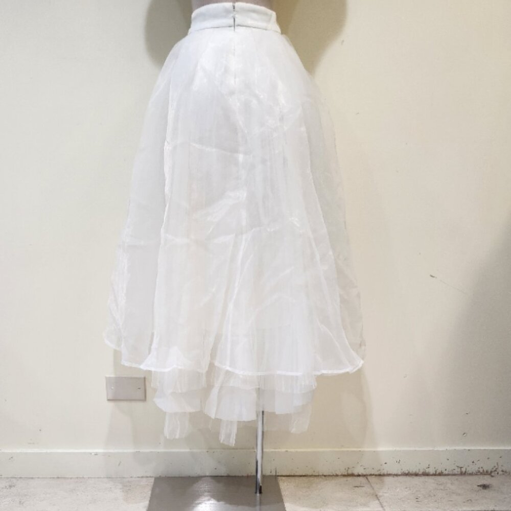💋BOMBSHELL!💋 GRACIA WHITE HIGH-LOW LAYERED RUFFLED PLEATED TULLE & MESH SKIRT - Picture 12 of 16